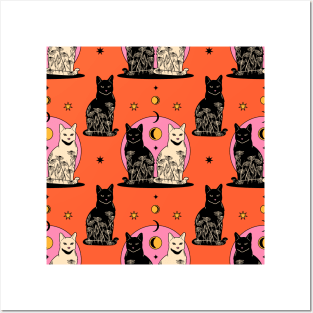 Carpe Noctem Black Cat Pattern in orange Posters and Art